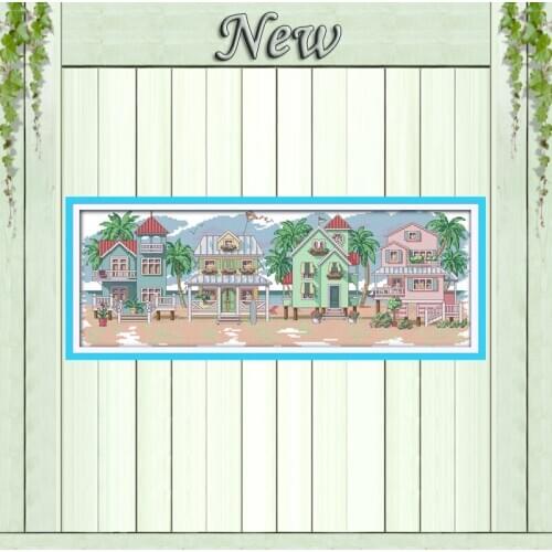 Seaside villages beautiful town diy paintings counted print on canvas DMC 11CT 14CT kits Cross Stitch embroidery needlework Sets