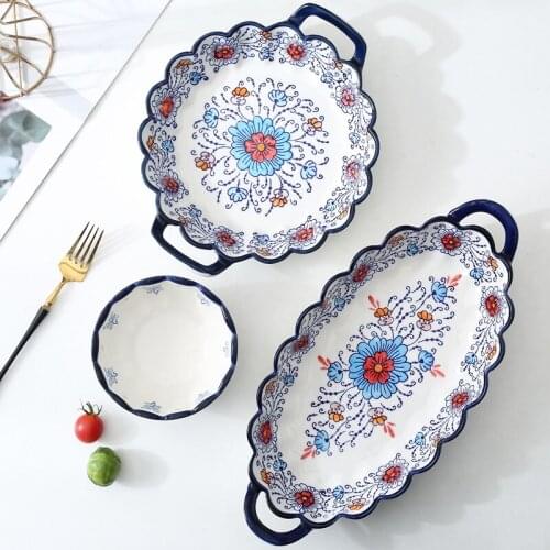 Ceramic Plate Creative Kitchen Nordic European Double Ear Soup Plates Print Dinnerware Tableware 접시 Cuisine Посуда Лапша