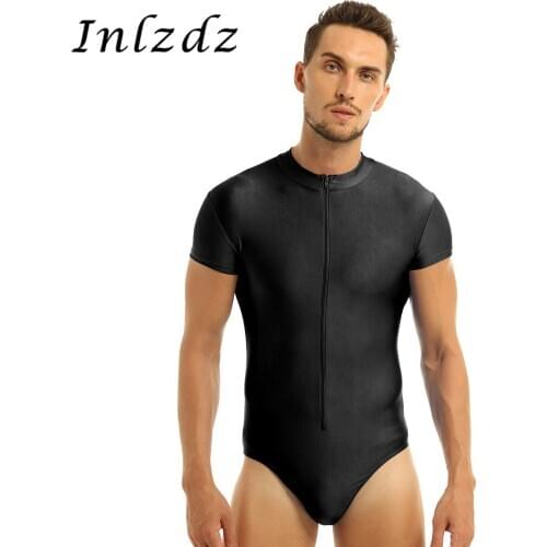 Mens Ballet Leotard Bodysuit Round Neck Short Sleeves Front Zipper High Cut Stretch Gymnastics Ballet Dance Leotard Bodysuit