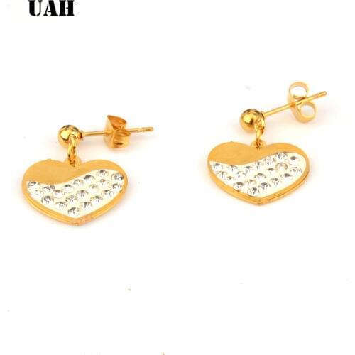 UAH Fashion Statement Cute Romantic Stainless steel Crystal love heart Stud Earrings for Women Wedding Earring