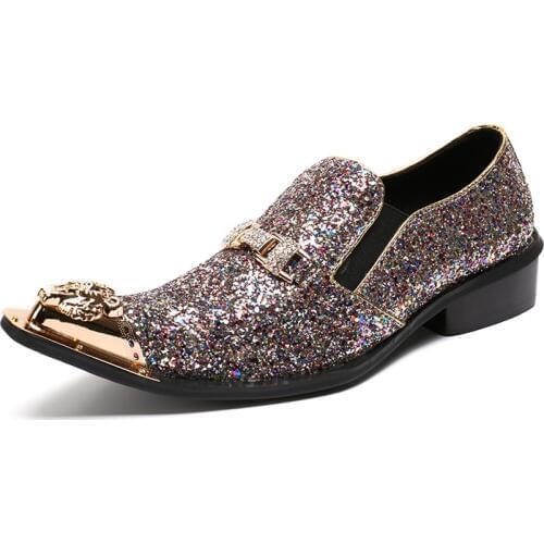 Men shoes new style Genuine Leather Loafers Pointed Toe Metal Tip Shinny Glitter Men Wedding shoes Fashion loafers Luxury