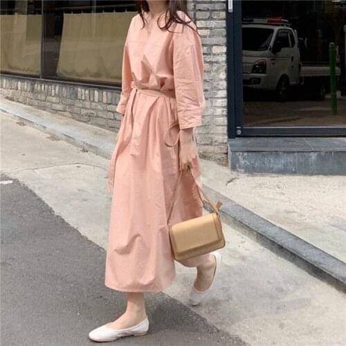GOOHOJIO New 2020 Womens Autumn Dresses Solid High Waist Casual Fashionable Oversize Lace Up Three Quarter Long Dress One Size