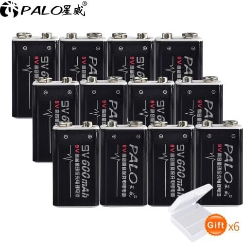 PALO 12PCS 9v Recargable Batteries 600mAh 9Volt Li-ion Rechargeable Battery 9v 6F22 For Smoke detectors Wireless Microphones 9V