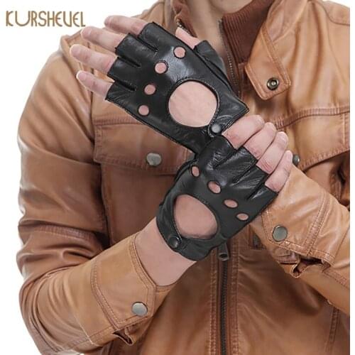Genuine Leather Gloves Half Finger Mens Driving Gloves Motociclista Black Brown Soft Goatskin Fingerless Mittens S M L XL AGD010