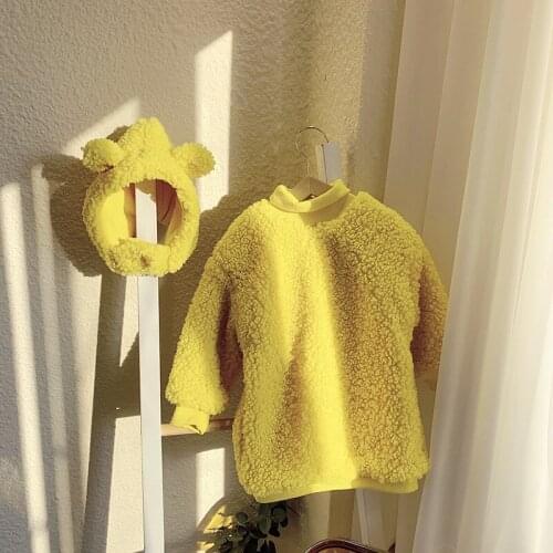 Autumn Winter Kids Lambswool Dress New Arrival Baby Girls Cute Solid Sweater Dress Cartoon Ears Hat Fashion Dress for Girl 2-7 Y