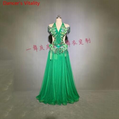 Customized Belly Dance Sling Tassel Bra Top 2Layers Skirt Women Oriental Indian Drum Dance Group Competition Stage Wear Set