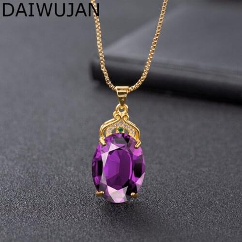 DAIWUJAN Luxury Crystal 925 Sterling Silver Jewelry Gold Color Oval Shaped Amethyst Gemstone Pendant Necklace for Women Lady