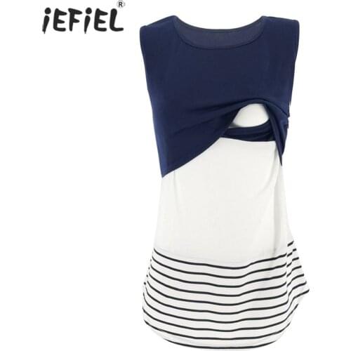Casual Maternity Clothes Nursing Tops Women Pregnant Breastfeeding T-Shirt Pregnancy Sleeveless Breastfeeding Striped Tshirt Tee