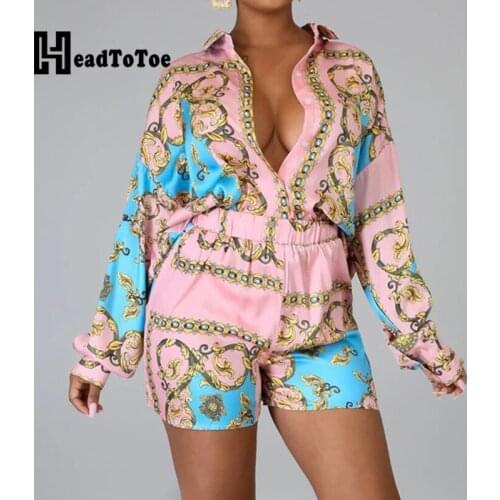 Chic Print Buttoned Long Sleeve Shirt Tops & Shorts Set Women Casual Two Piece Set