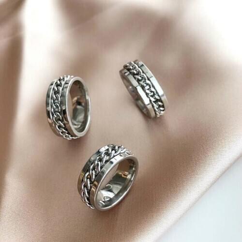 Seanlov Fashion Inlaid Chain Chunky Chain Rings Link Twisted Geometric Rings for Women and Men Vintage Open Rings Adjustable