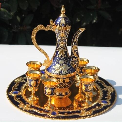 Plate Gold & Blue Color Flower Pattern Metal Wine Set Tea Set Fashion Zinc Alloy Wine Set