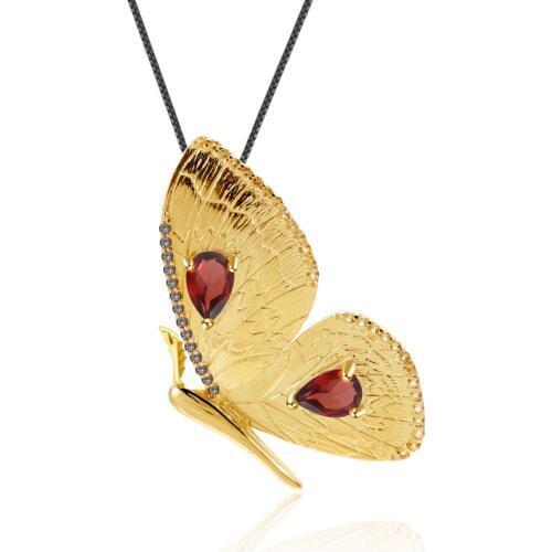 GEMS BALLET 925 Sterling Silver Animal Brooch 1.05Ct Natural Garnet Golden Butterfly Brooch Pendant for Women Fine Jewelry