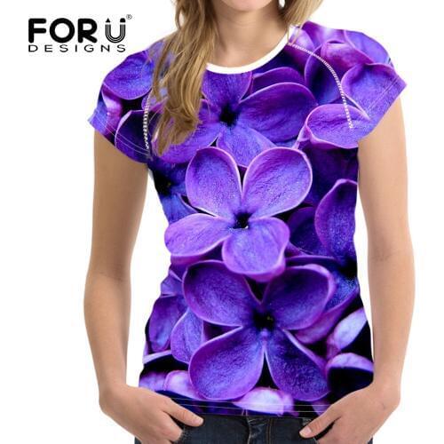 FORUDESIGNS Purple Lilac 3D Flower Printing Women T Shirts Fitness Girls Short Sleeve Tops Tees Clothing Fashion Summer T-shirts