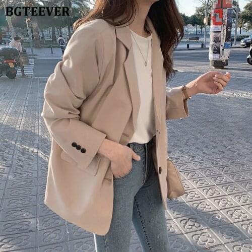BGTEEVER Chic Casual Loose Women Solid Blazer Jacket Spring Single-breasted Outwear Tops 2021 Ladies Long Sleeve Suit Coats