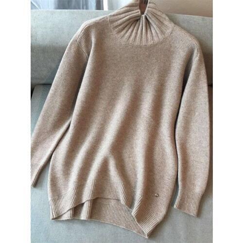 Goat cashmere thick knit women fashion half high collar long pullover sweater solid color S-L
