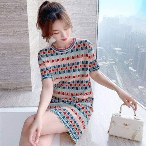 Summer Pullover Sweater Striped Women Floral Short Sleeve O-neck 100% Cotton Vintage Cute Knitting Sweater Long Length Slim Fit