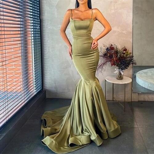 Arm Green Spaghetti Strap Satin Mermaid Prom Dress 2021 Robe De Soirée Ladies Formal Party Sleeveless Evening Gowns Custom Made