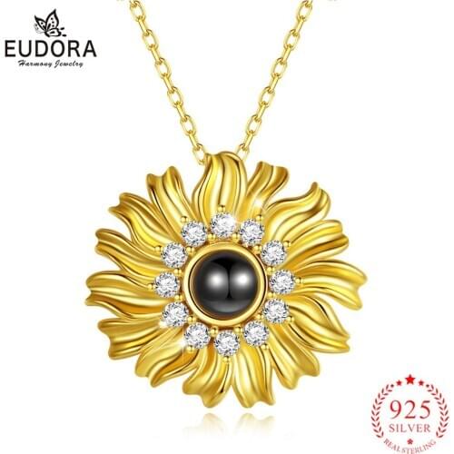 EUDORA 925 Sterling Silver Summer golden sunflower Pendant I love you 100 language Necklace with box Women sister Fine Jewelry