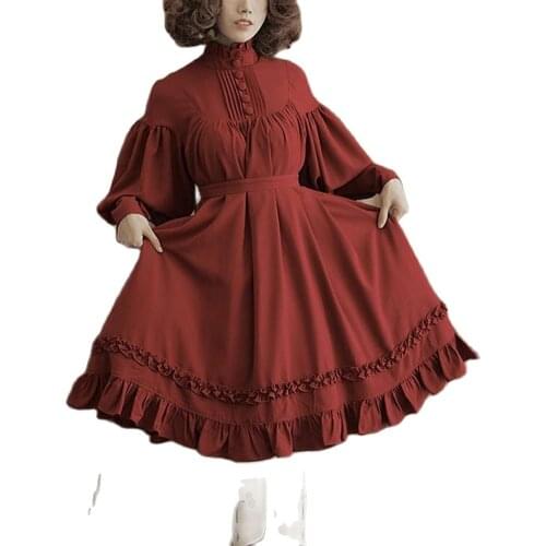 Vintage Dresses Women Plus Size Dress Solid Color O Neck Long Puff Sleeve Buttons Large Swing Midi Lolita Dress