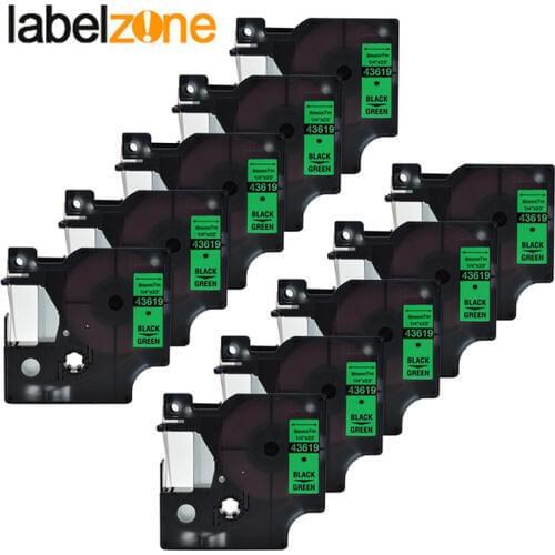 10Pack 43619 1/4"(6mm) x 23'(7m) black on green compatible Dymo D1 PNP 6mm label printers D1 43619 for dymo label manager LM160