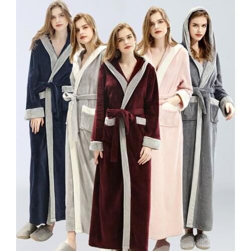 181 Winter Autumn Thick Nightdress Casual Coral Fleece Sleepwear Warm Couple Home Wear Flannel Hooded Women Kimono Bathrobe Gown