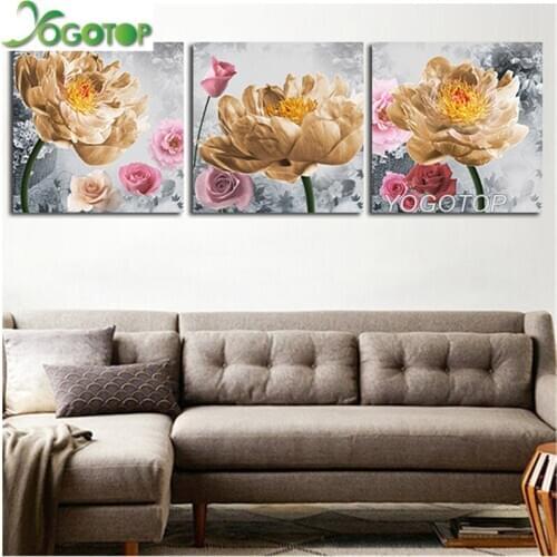 DIY 5D Full Diamonds Embroidery Flowers triptych Diamond Painting Cross Stitch Kits lotus Diamond Mosaic Home Decoration ML1369