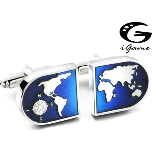 Free Shipping Globe Cufflinks Wholesale&retail Novelty Blue Color World Map Design Quality Brass Material Best Gift For Men