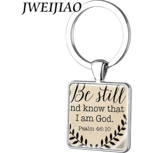 JWEIJIAO Bible Verse Square Keychain Key Ring Be Still and Know That I am God Pendant, Psalm 46:10 Quote Religion Jewelry Custom