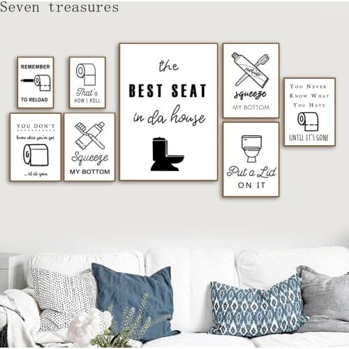 Canvas Painting Nordic Poster Toilet Paper Toothpaste Toothbrush Quotes PrintsWall Art Black White Pictures Washroom WC Decor