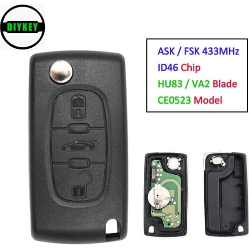DIYKEY Folding Remote Key 3 Button Fob ASK / FSK 433MHZ ID46 , for CITROEN C2 C3 C4 C5 CE0523Model HU83 / VA2 Blade