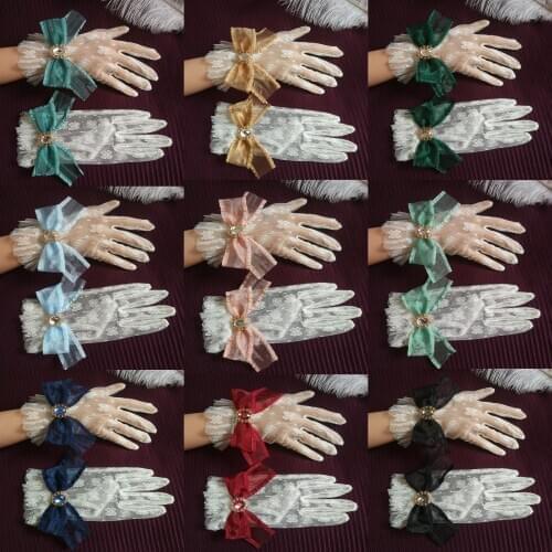Short Womens Bridal Lace Gloves Full Finger Cosplay Party Dress Gloves Wedding Accessories Bowknot Wrist Length Wedding Gloves