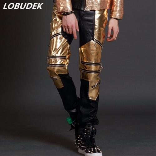 Nightclub Hip-Hop Rock Male Singer Costume PU Leather Pants Gold black Cool Long Pants Punk Style Bar Concert DJ Stage Trousers