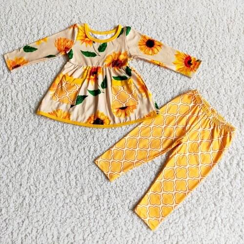 Hot sell toddler girl winter long sleeve outfit girl sunflower pattern pants pockets top set high quality kids outfit