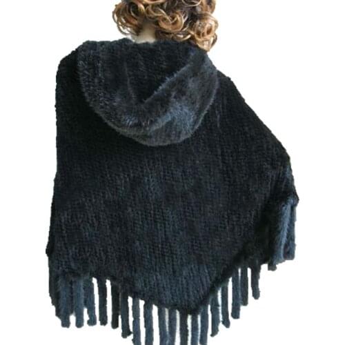 Hooded Fur Wraps Winter Women Real Mink Fur Shawl Female Knitted Poncho Cape Coat BLACK