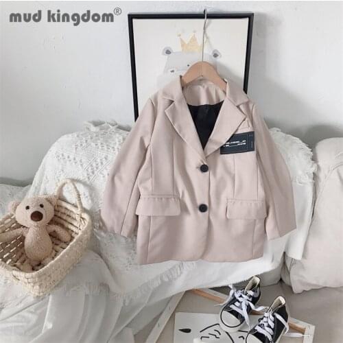 Mudkingdom Girls Blazers Fashion Loose Fit Long Sleeve Turn-down Collar Mid-length Outerwear for Girls Spring Autumn Casual Tops