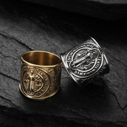 Religion Christian Saint Benedict Ring Holy Brand Stainless Steel Ring Gold Color Finger Ring Men Male Boy Punk Jewelry New 2021