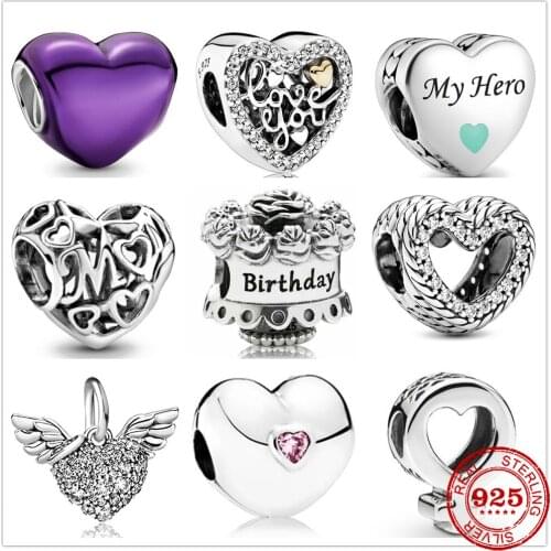 Genuine 925 Sterling Silver Beads Charm Openwork Heart Cake Snake Chain Heart Fit Pandora 925 Original Bracelet Charm Jewelry