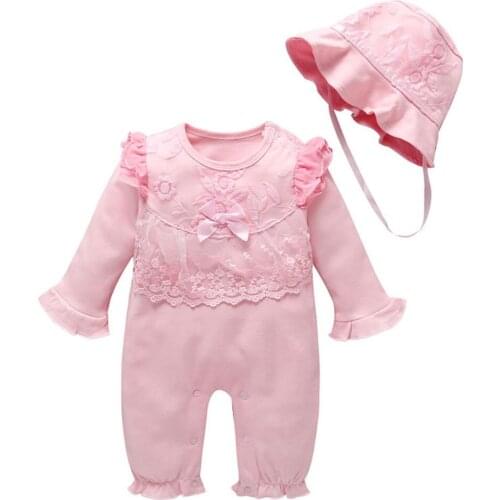 New Baby Clothing Infant kids Girls lace Romper+Hats 2pcs newborn Long Sleeveless Flower Solid Jumpsuit Outfits Girls Clothes