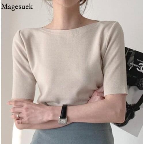 Korean Solid Short Sleeve Basic T-Shirt Women Summer Knitted Slim Woman Tshirts O Neck Solid Casual Female Tee Shirt Tops 14078