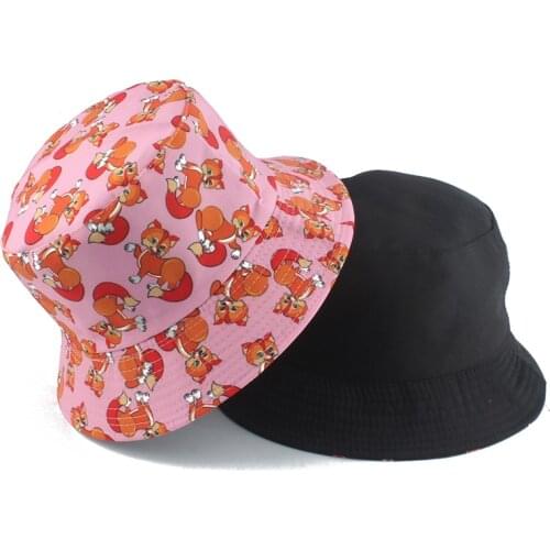 Fashion Cute Pink Bucket Hat Summer Travel Beach Fishing Sun Hats For Women Animal Fox Print Hip Hop Cap Men Reversible Bob Hat