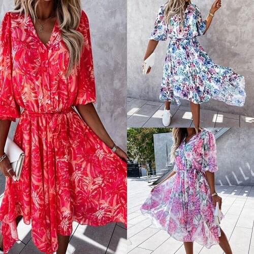 2021 summer new style floral lace-up long-sleeved temperament holiday style long skirt dress in stock