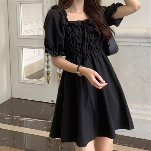 Dress Women Black Fairy Puff Sleeve Sweet Mini Vintage Party Lovely Female Simple Japanese Style Summer Dresses Square Collar