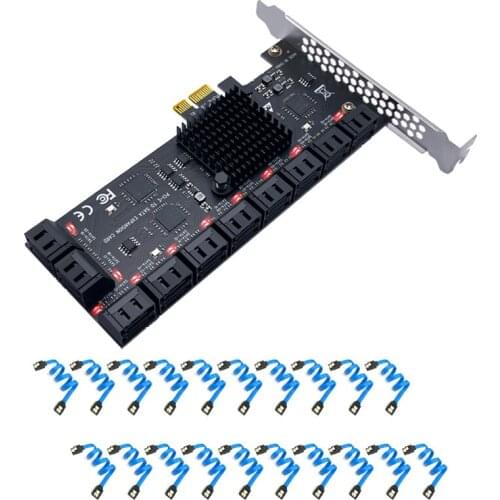 Chia Mining Riser PCIe SATA Card 20 Port With 20 SATA Cables PCI Express 1X SATA 3.0 6Gb PCIe Card Support 20 SATA 3.0 Devices