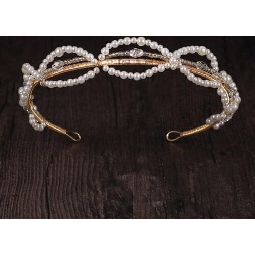 Handmade Gorgeous Gold Wedding Headband Tiaras Pearls Bridal Headpiece Brides Hair Accessories Evening Hair Jewelry