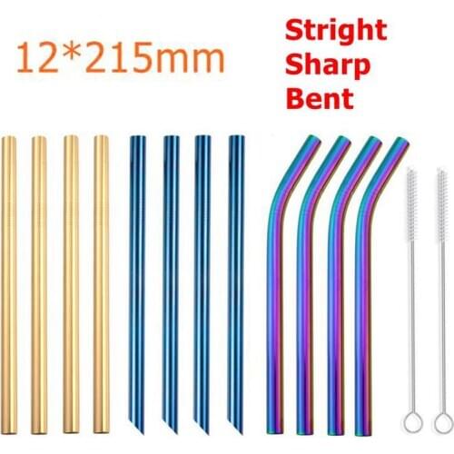4Pcs 12mm Metal Drinking Straw Reusable 304 Stainless Steel Straws Set With Brush Bubble Tea Smoothies Straw Bar Party Accessory