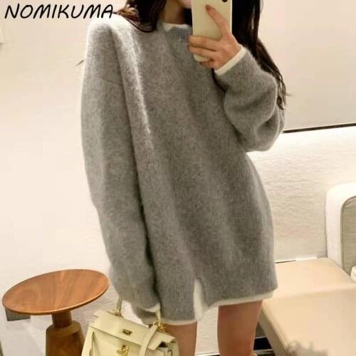 Nomikuma Fake Two Pieces Sweater Womens 2021 Autumn Winter Pullover Knitwear Causal Korean Patchwork Knitted Tops Jumper 6Z590