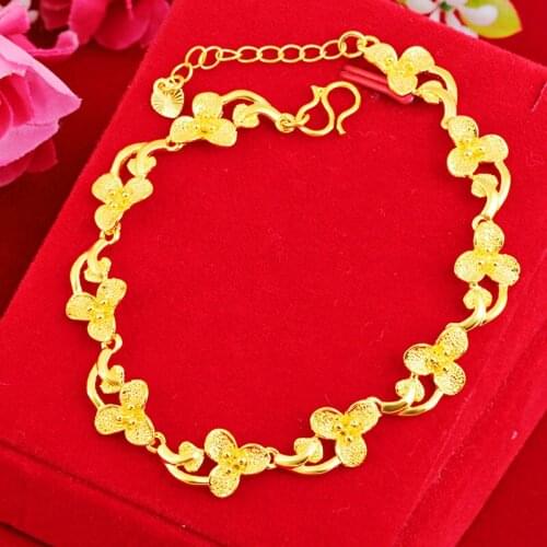Flower Shaped Charm Bracelet Yellow Gold Filled Women Wrist Chain Link Gift