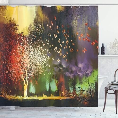 Fantasy Shower Curtain Fairy Forest with Mysterious Trees and Birds Supernatural Vivid Wonder World Bathroom Decor Set with Hook