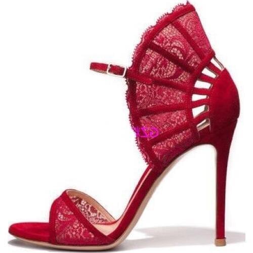 Women Black Lace High Heel Pumps Fan-shaped Ankle Strap Wedding Dress Shoes Cut-out Pointed toe Bride Heels Lady Shoes Plus Size