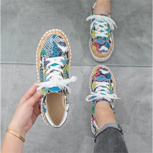 New Fashion Womens Falts Casual Shoes European Snake Pattern PU Womens Shoes Walking Footwear Outdoor Sneakers for Women